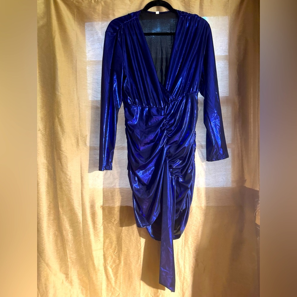 Electric Blue Metallic Ruched Party Dress | Size XL